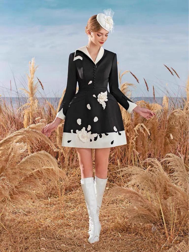 Vietnamese Embroidered Black & White Asymmetrical Neckline Dress 22289