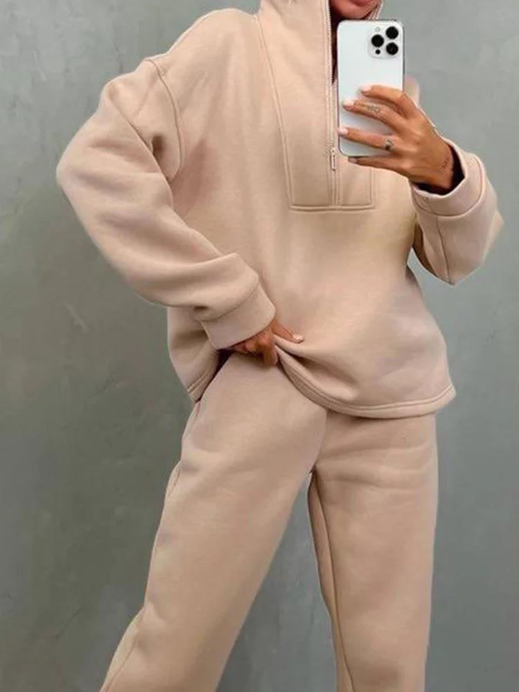 

2026 New Autumn Winter Casual Sets for Women Fashion Vintage Streetwear 2 Piece Set Solid Loose Long Sleeve Zipper Pant Sets S бежевый