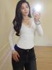 Pure Desire V-neck Lace Trim Long-sleeve Slimming Top for Women - Spring/Autumn Trendy Style