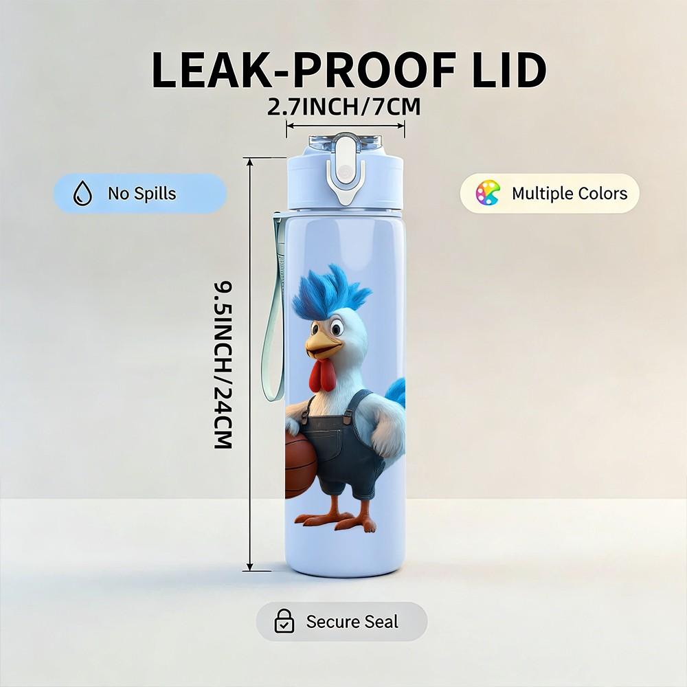 1PC Rooster Chicken Cartoon 750ml Color Plastic Sports Water Bottle Leakproof Flip Straw Lid Suitable for Sports Office Home Use