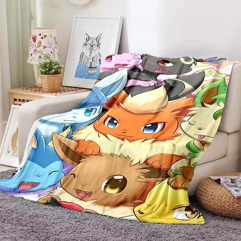 Cartoon Warme Weiche Pokémon Evoli Decke Flauschige Sofa karierte Plüsch Tagesdecke Winter Vier Jahreszeiten Überwurfdecke für Sofa Bett