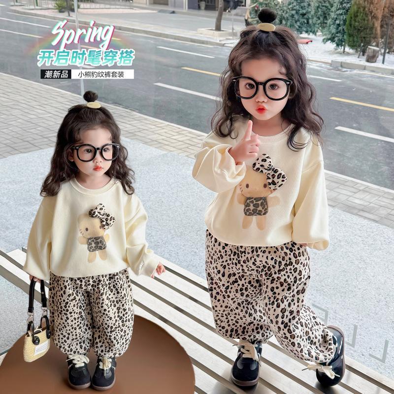 Girls Leopard Print Hoodie and Pants Set for Spring Autumn