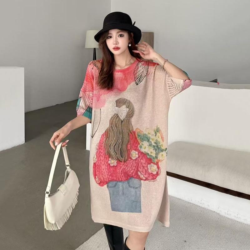 

Летнее женское трикотажное платье 2025 – Не стареющее, Свободное, С круглым вырезом, Дизайн средней длины One Size (suitable for 85-170 jin)