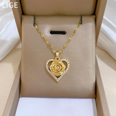 Titanium Steel, Love Rose Zircon Light Luxury Temperament Gorgeous Full Diamond Necklace Female Versatile Collarbone Titanium Steel