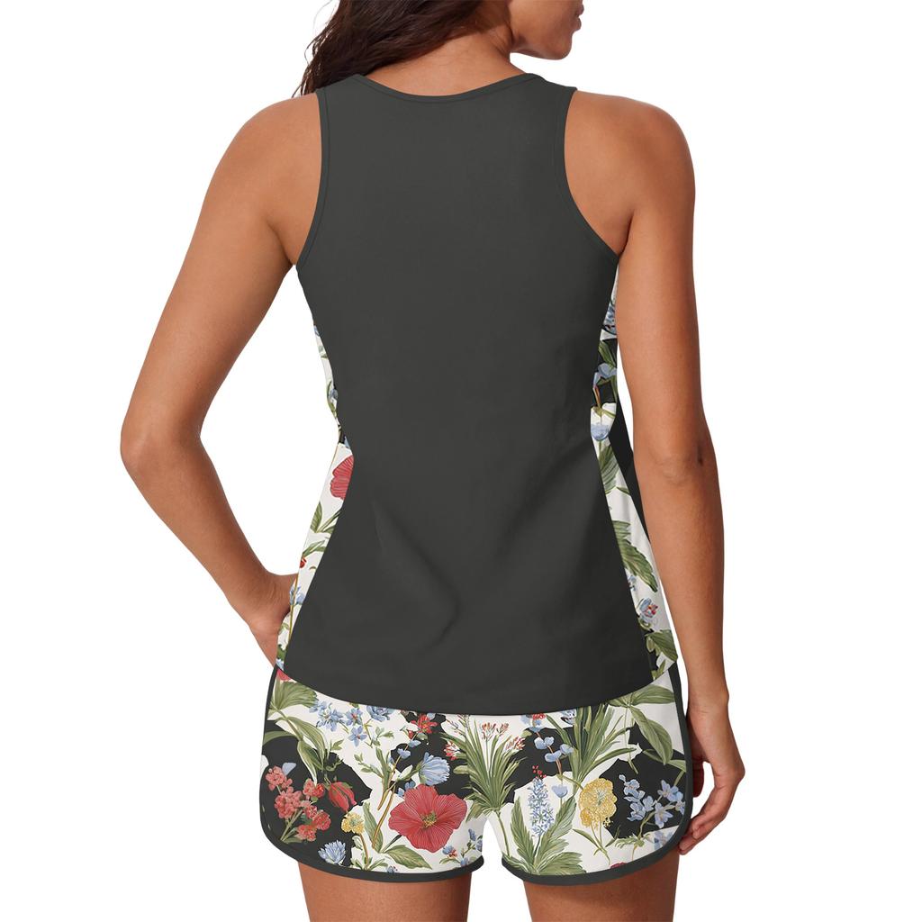 Women’s Two Piece Tankini Swimsuit Set with Tropical Print Sleeveless Top and Shorts Lightweight Quick Dry Fabric