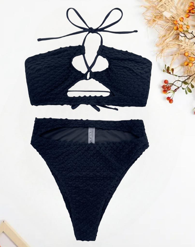 Damen Badeanzug Einfarbig Neckholder zum Binden Hohe Taille Getrennter Badeanzug Bikini Strandbekleidung Badeanzüge