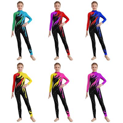 Girls Color Block Gymnastics Jumpsuit Mock Neck Long Sleeve Shiny Rhinestones Bodysuit Full Body Leotard