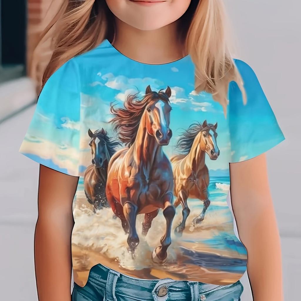Children's Clothing Girl T-Shirt Short Sleeve Stylish 3D Horse Printed Kids Summer Clothes Casual Round Neck Girl Clothes Tops
