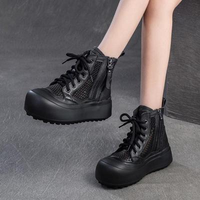 Stivali Traspiranti in Rete Retro con Intagli Scarpe Piatte con Plateau da Donna in Vera Pelle