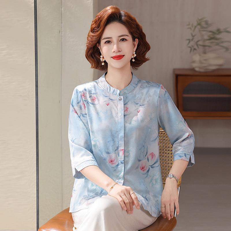 

Chinese Style Summer Shirt for Women: Mid-Aged & Elderly, Seven-Point Sleeve, Loose Fit, Lightweight Top 2XL (Recommended 110-120 jin)