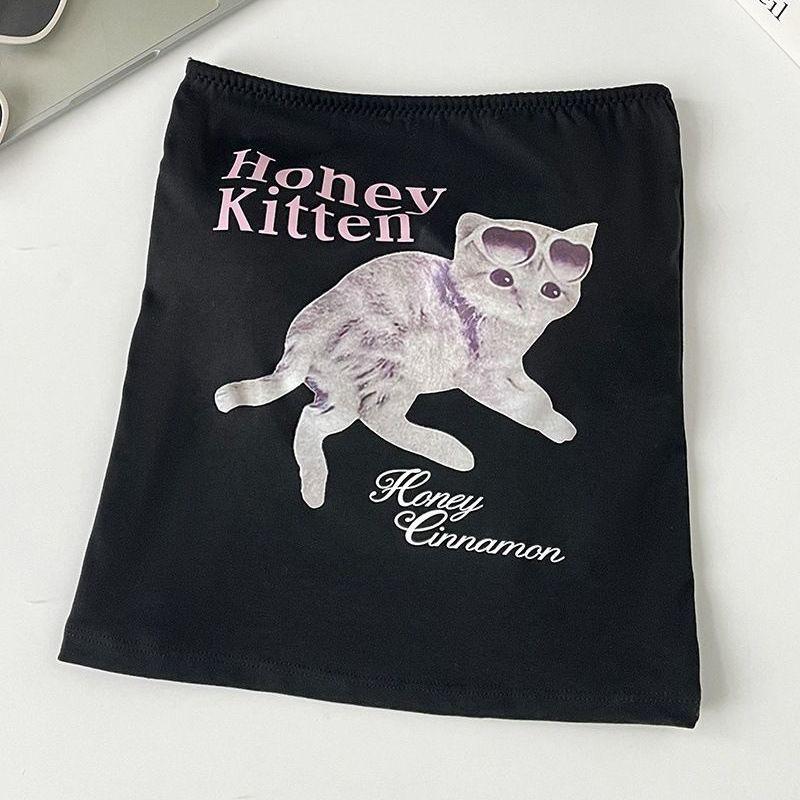 

Women s Strapless Cat Print Slimming Crop Top with Padded Bust One Size (fits 75-115 kg)