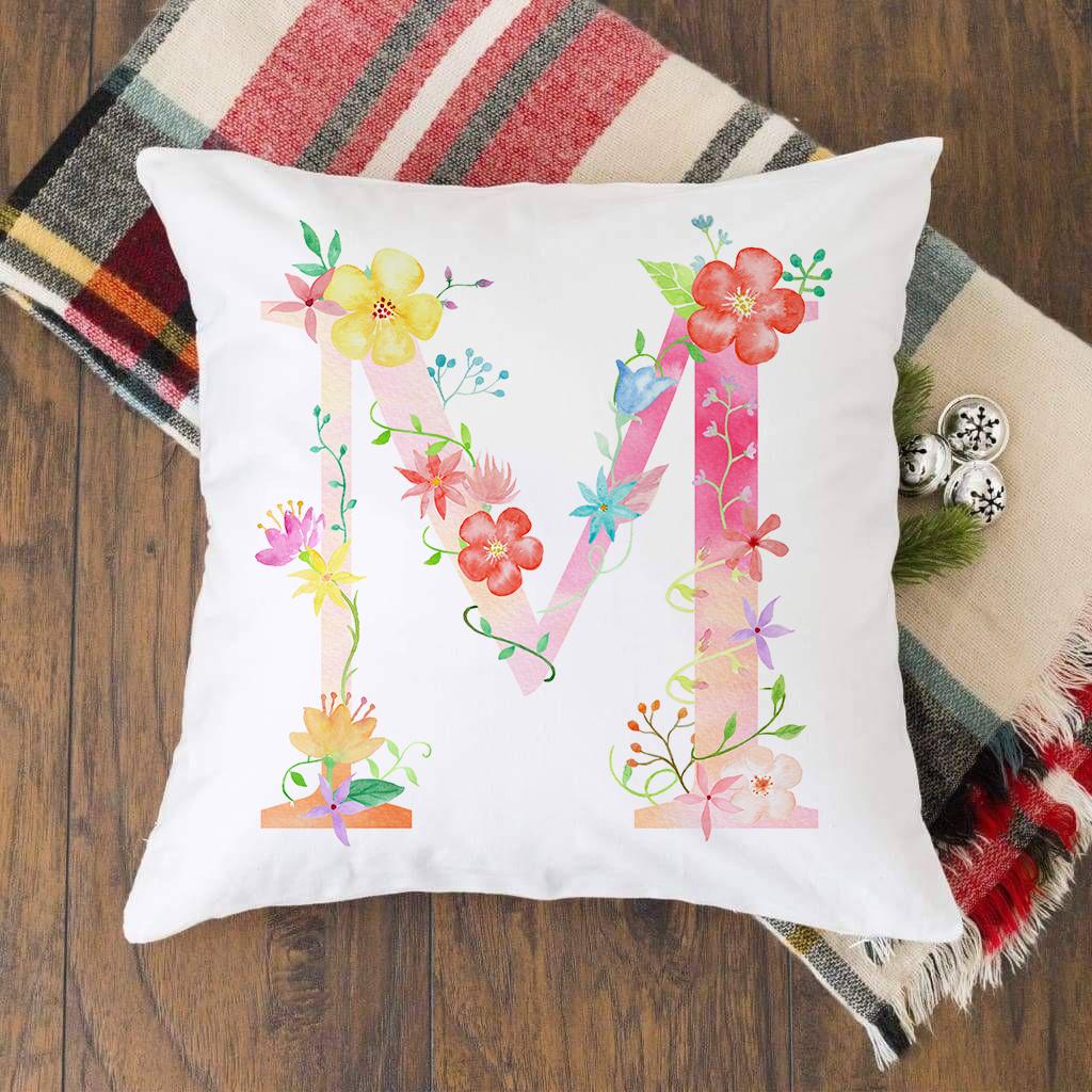 Pink Alphabet Flower Printed Cushion Cover Pillowcase English Letter A-Z Home Decorative Sofa Bed Backrest Pillow Cover 45*45cm