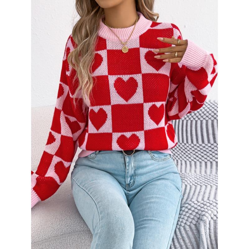 Autumn and Winter Checkered Heart-shaped Lantern Sleeve Pullover Sweater for Valentine's Day Women's Clothing