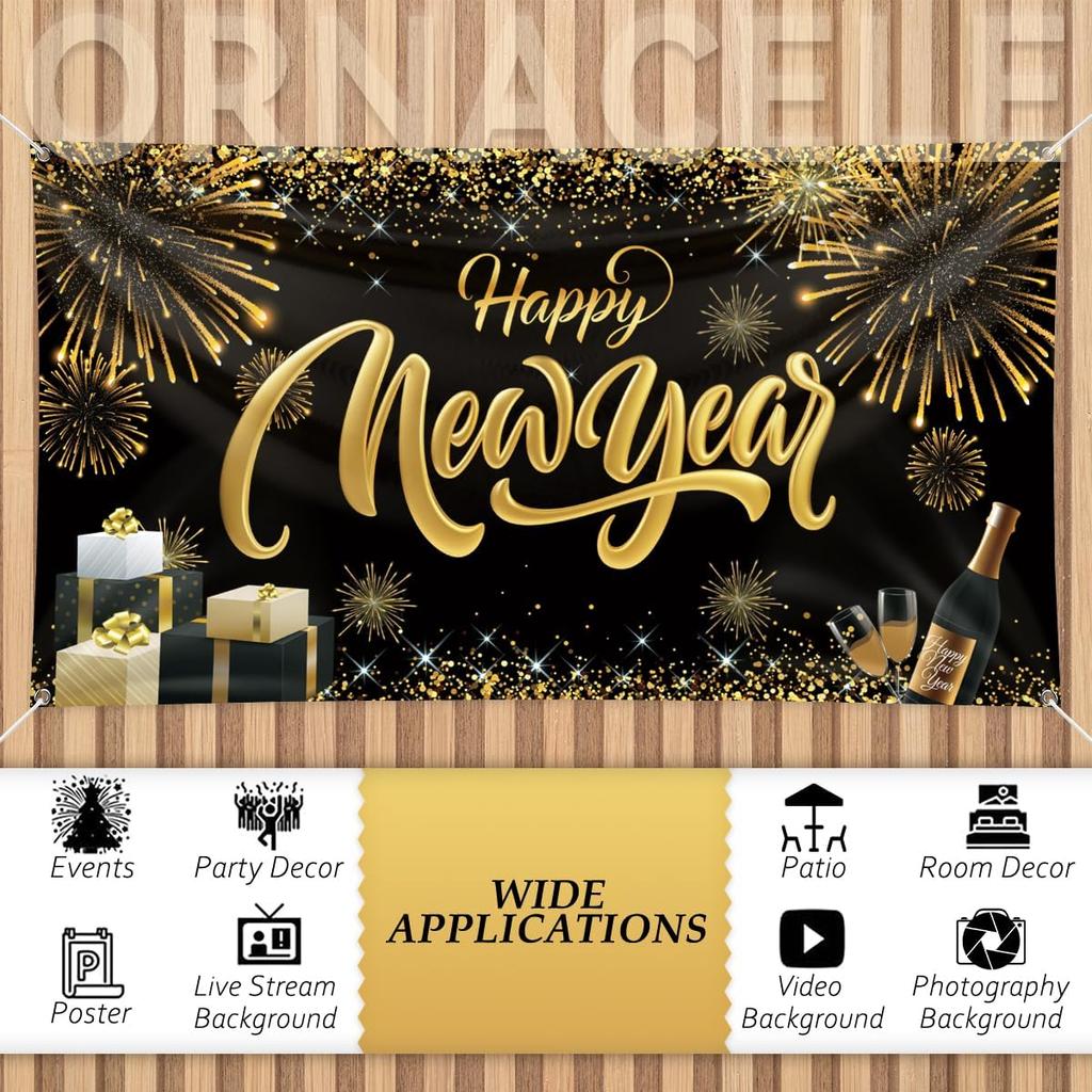Happy New Year Backdrop Banner, Large Size 78 x 43 Inch Banner Black Gold Background Banners for New Year Party Decorations Celebration
