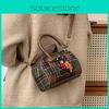 Artistic Retro Small Bear Embroidery Check Pattern Handbag For Casual Outings