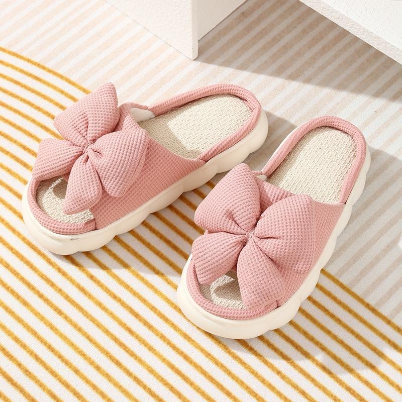 Fashion Comfortable Linen Slippers Soft and Lightweight Cotton Slippers Cute Bowknot Flat Slipper Couples Slides Home Shoes for Women