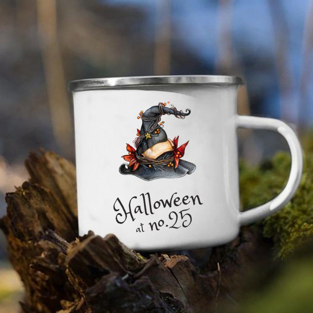 Čarodějnice dýně potisk hrnek retro Halloween smaltované ucho šálky Káva Čaj mléko Hrnky párty Kuchyň dekorovat zábavný dárek pro děti