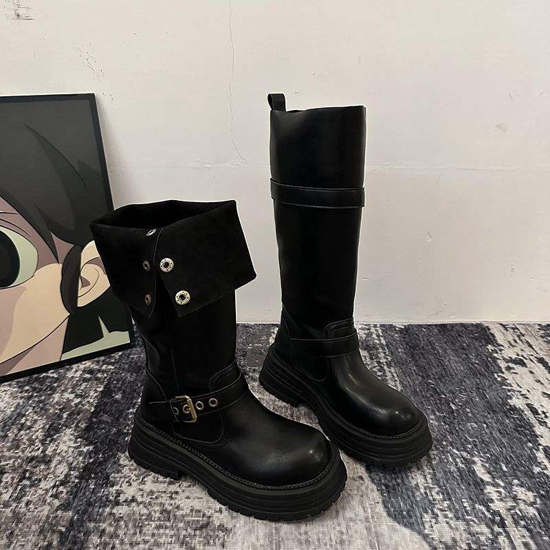 Boots Women's 2025 Autumn and Winter New Two Wear Fold But Knee High Martin Boots British Skinny Motorcycle Boots