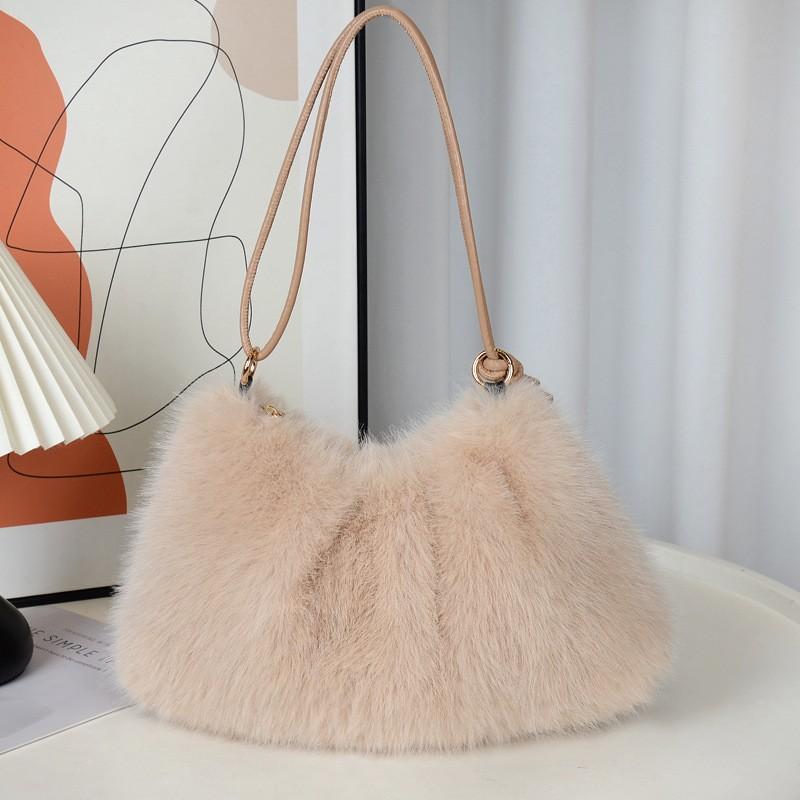 Winter Simple Faux Fur Shoulder Bags for Women Solid Color Ladies Soft Plush Handbags Large Capacity Female Tote Bag with Zipper