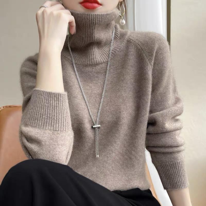 High-end lapel pure wool sweater women's turtleneck knitted and loose sweater solid color pullover bottoming shirt autumn and winter