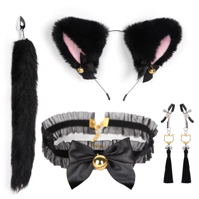 Cat Tail Bell Headband, Anal Plug, Nipple Clamps Flirting Set