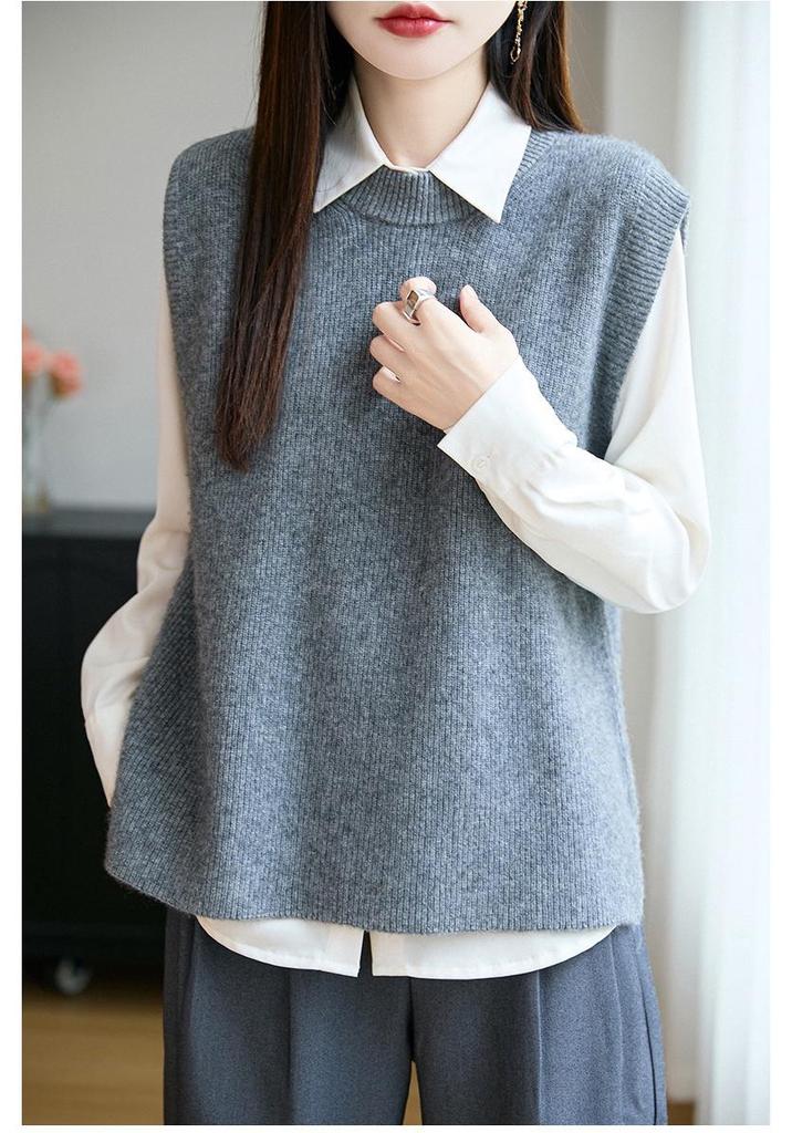 Women's Ribbed Knit Wool Vest - Round Neck Sleeveless Cardigan, Loose Fit Versatile Layering Top