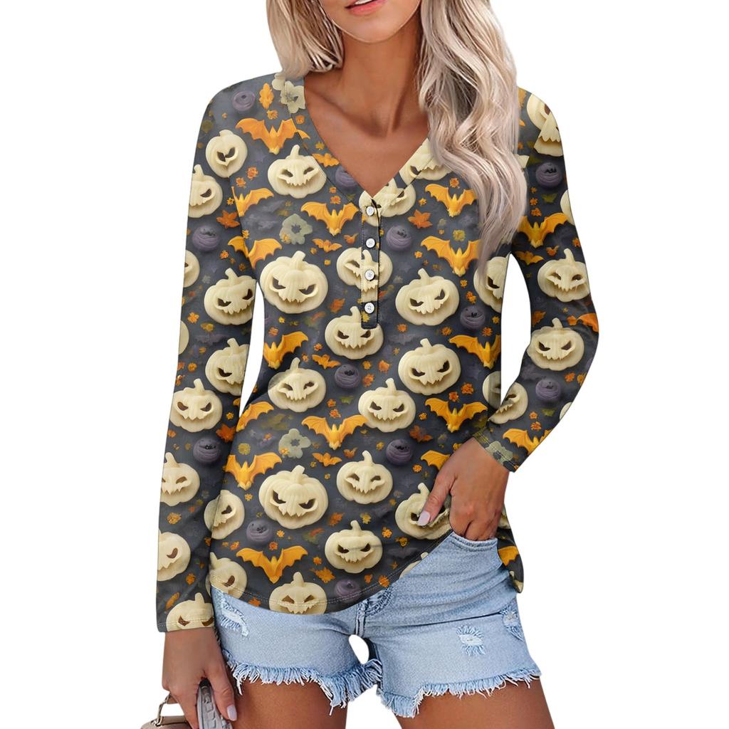 Women's Casual Fashion Sexy Comfort Halloween Printed V-Neck Button Long Sleeve