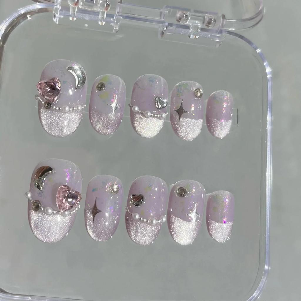 10Pcs Short Handmade Pink Press On Nails Spring French Rhinestone Full Cover Fake Nail Plaid Manicure Wearable Nail Tips Art