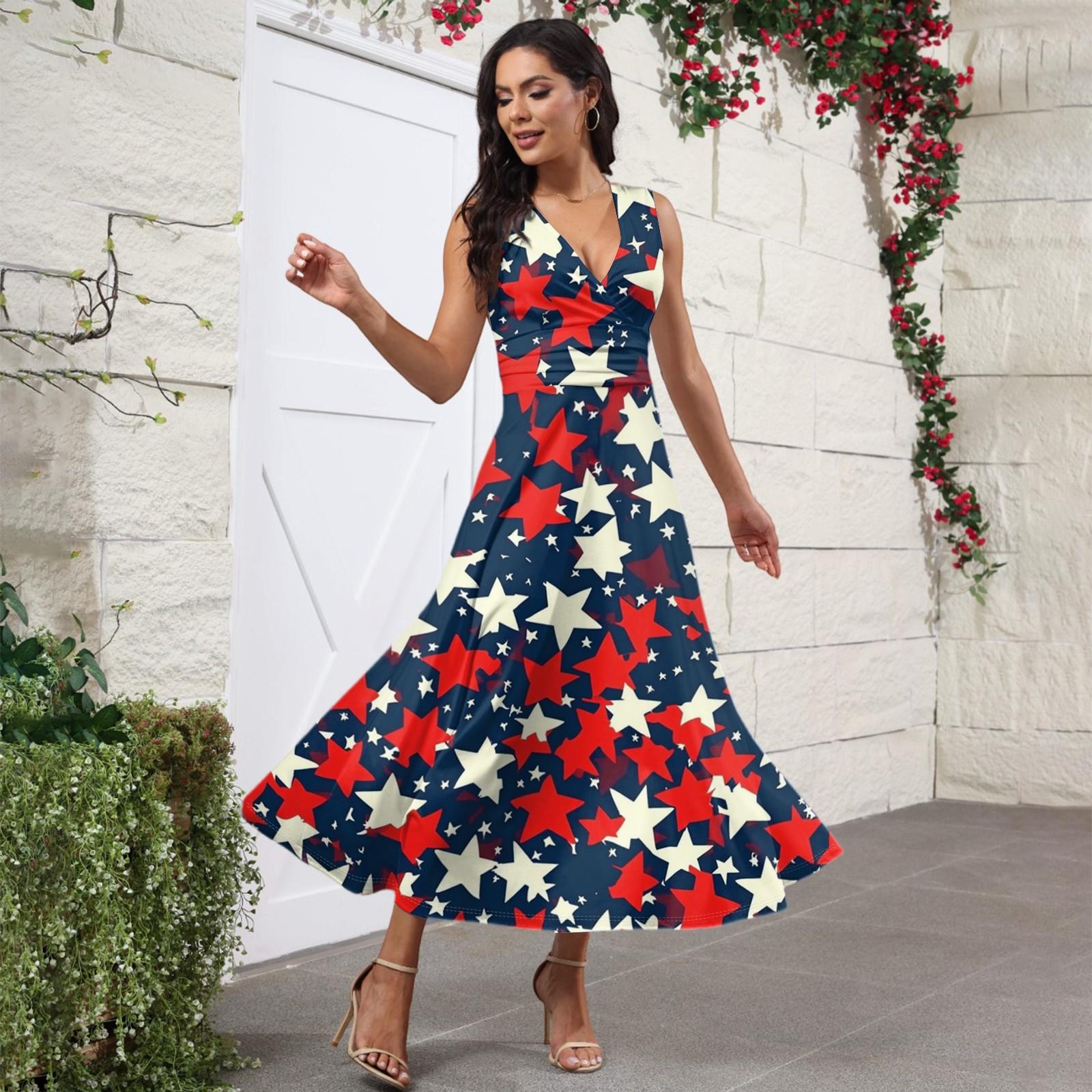 

Women s Casual And Fashionable Independence Day Printed V-Neck Sleeveless Dress Dress XXL червоний
