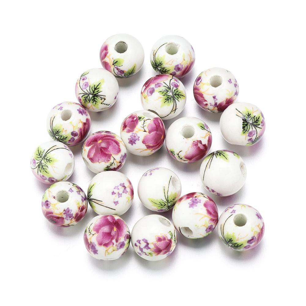 50Pcs 10mm Round Ceramic Beads Colorful Plum Blossom Sunflower Pattern Loose Porcelain Beads For DIY Bracelet Necklace Jewelry