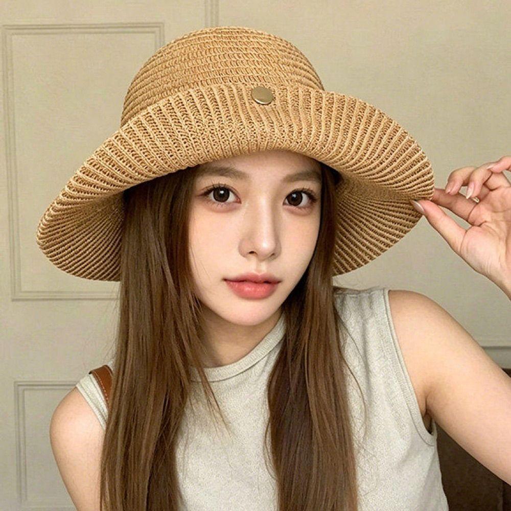 Magnetic Buckle Wide Brim Bucket Hat Thin Straw Female Sunshade Visors Summer Outing