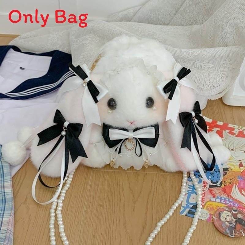 Japanese Lolita Bunny Plush Bag With Pearl Chain For Daily Fashion And Cute Storage