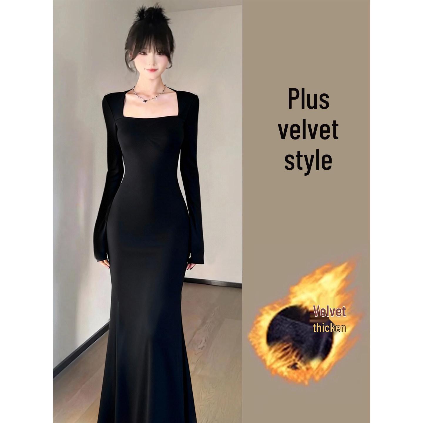 Black Lotus Fishtail Winter Dress: Long Knit New Year Robe 2025 L