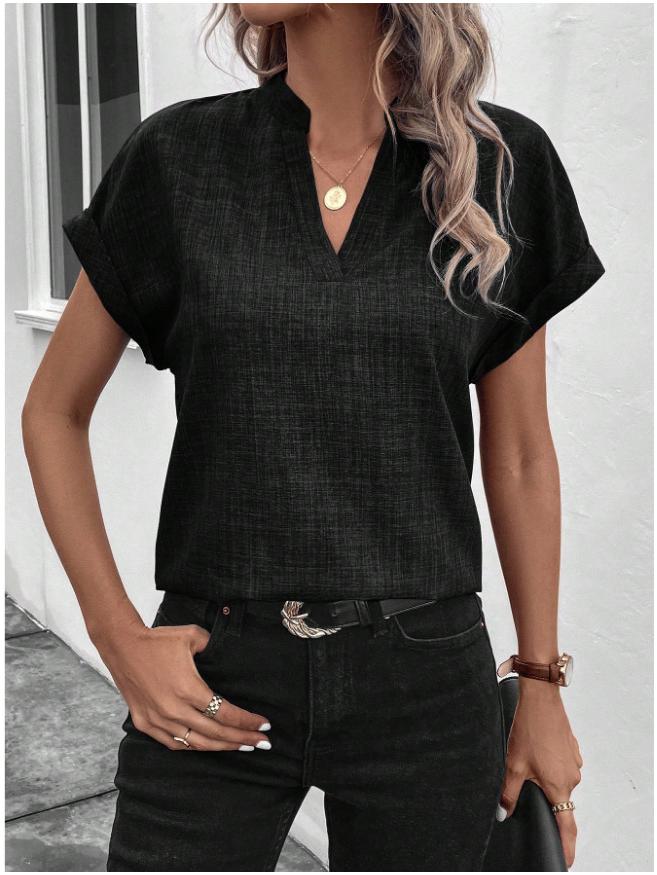 Women's Solid Color V-neck Batwing Sleeve Summer Top - Fashionable Short-sleeved Shirt