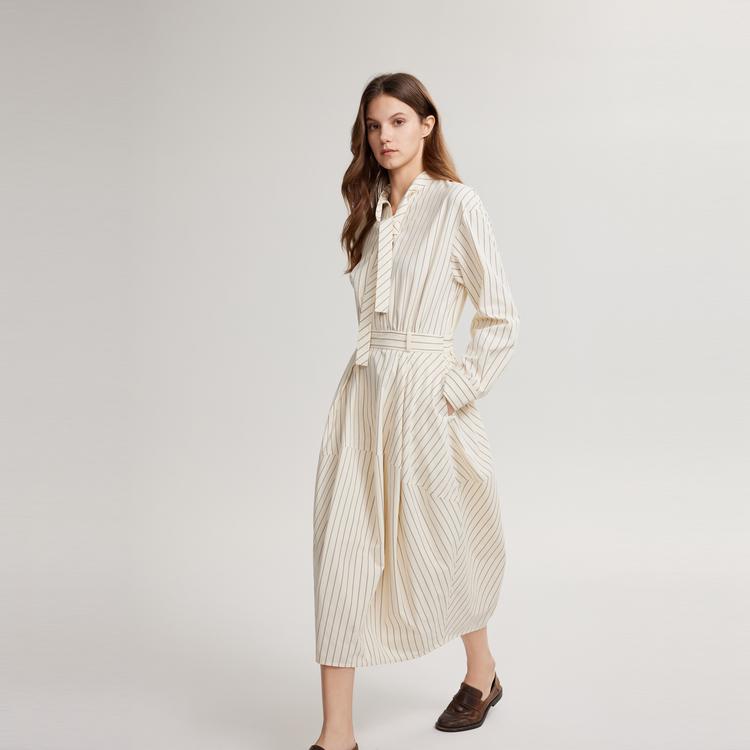 ELLE Elegant Striped Long Sleeve Dress With Waist Detail Women Dresses Beige EL49660