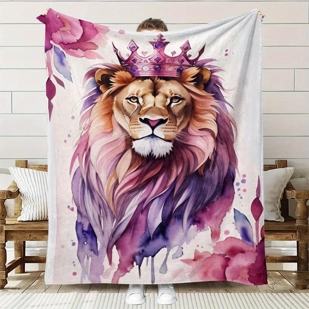 1pc Majestic Lion Print Flannel Blanket - Soft, High-Definition Digital Print, All-Season Cozy Throw with Purple Crown & Floral 130x150cm51x59in