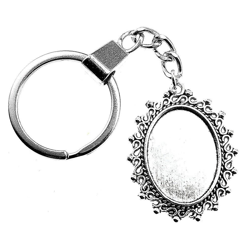 Heart Elliptical Glass Cabochon Base Setting Tray Blank Antique Bronze Metal Keychain for Family Gift