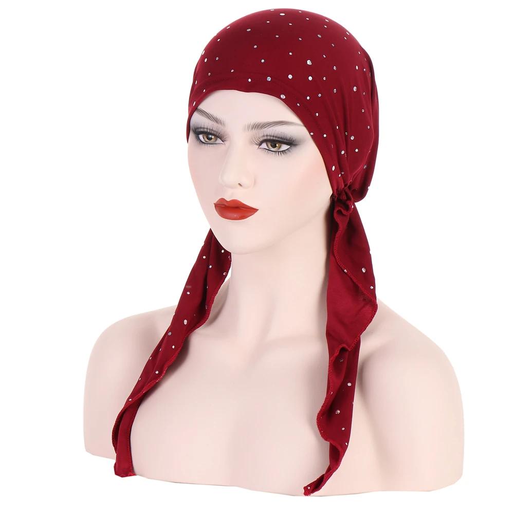 New Muslim Inner Hijab Turban Women Pre-Tied Cap Long Tail Headscarf Wrap Beanies Bonnet Head Scarf Stretch Headwear Ninja Hat