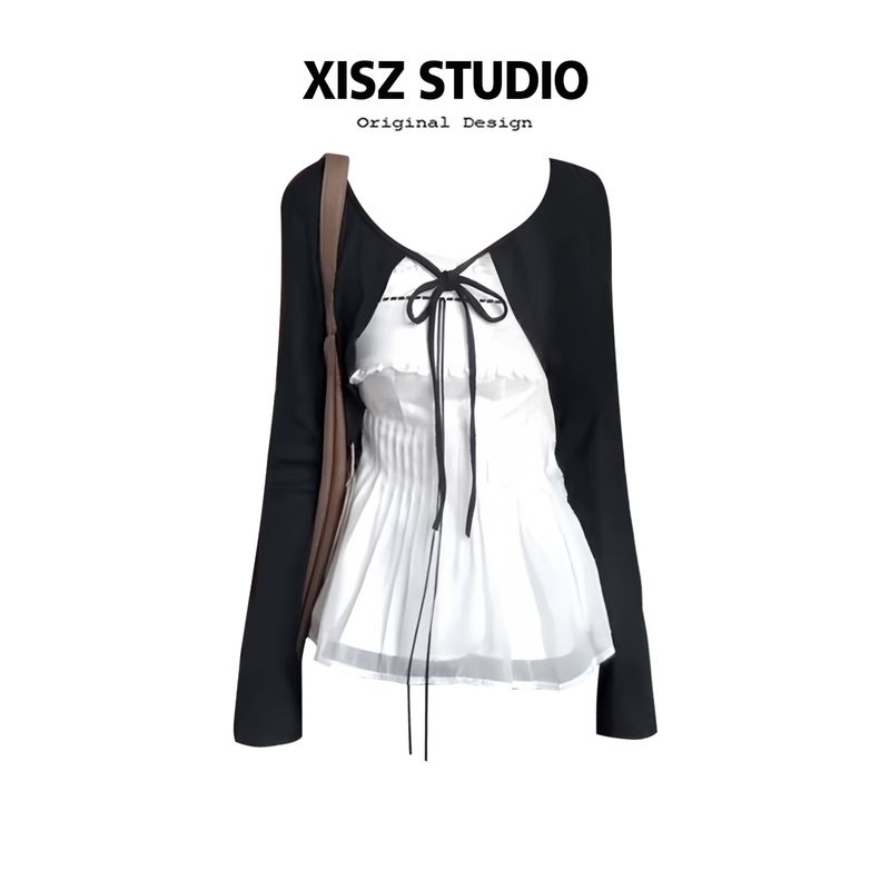 Sweet and Pure Lace-Trimmed Off-Shoulder Tube Top for Women, Spring Bow-Tie Cardigan Jacket Black Cardigan M