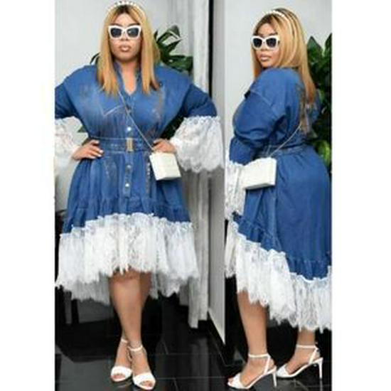African Style Lace Patchwork Printed Belted Denim Dress
