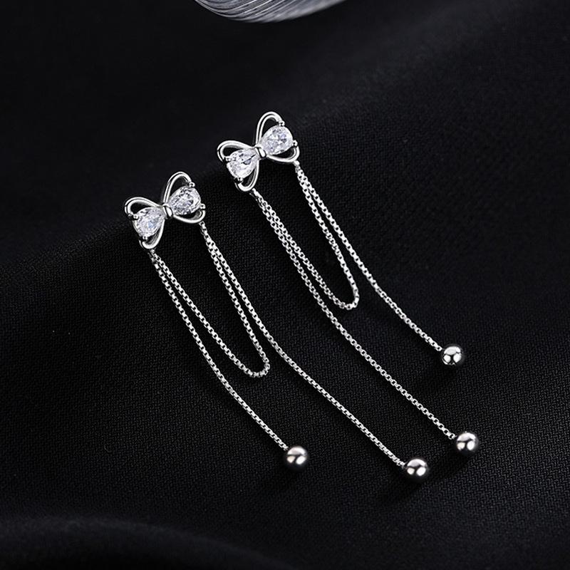 Long Bow Tassel Earrings Femininity Muse Internet Celebrity Delicate Diamond Double Face Skinny Earrings