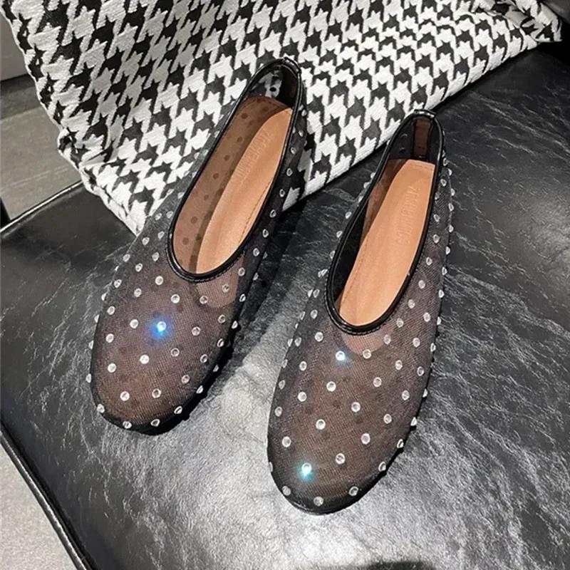 Fashion Luxury Glitter Rhinestone Designer Mesh Flats Women Summer Fashion Light Breathable Mules Loafers Elegant Comfort Ballet Shoes