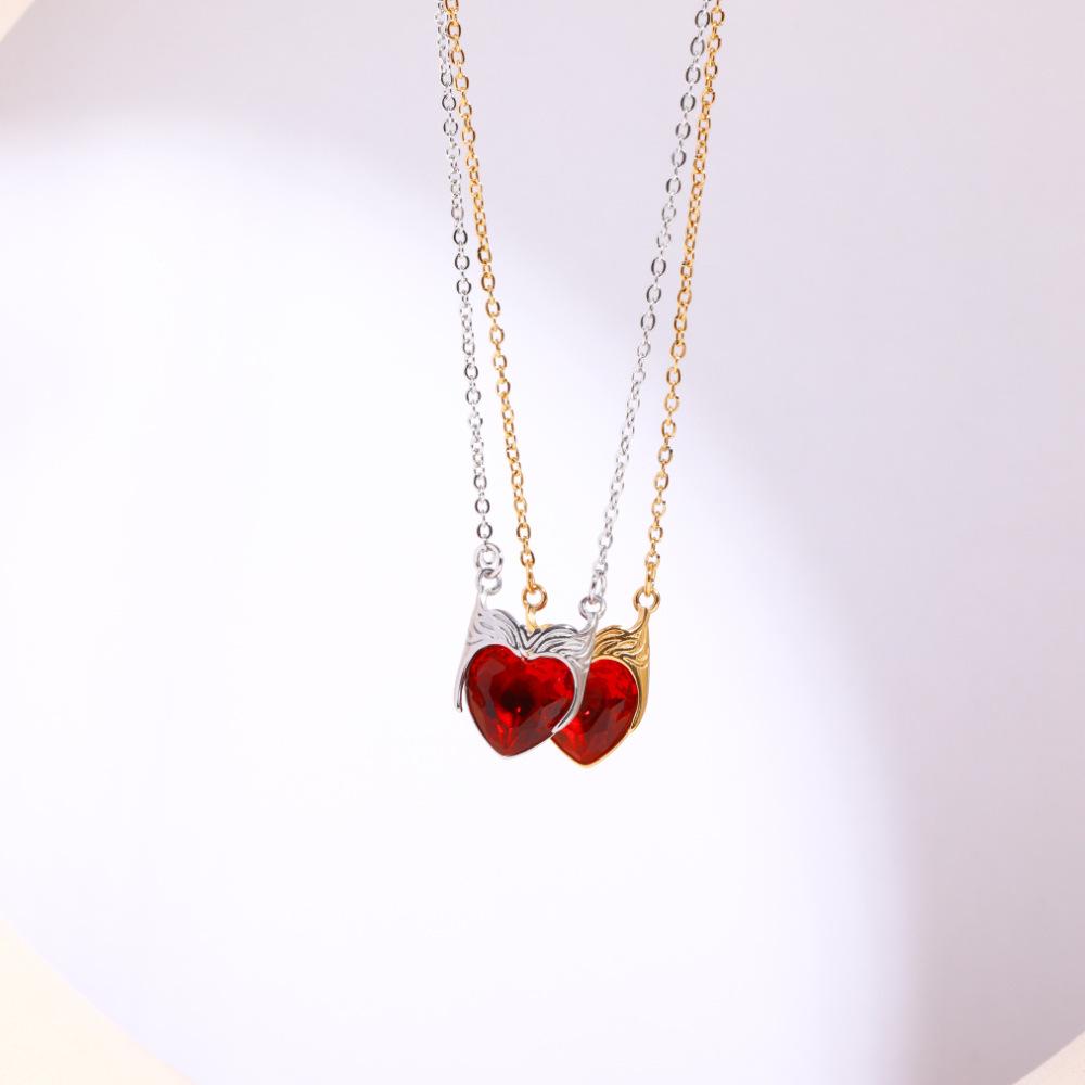 European & American Zircon Heart Pendant Necklace, Stainless Steel, Scarlet Witch Design