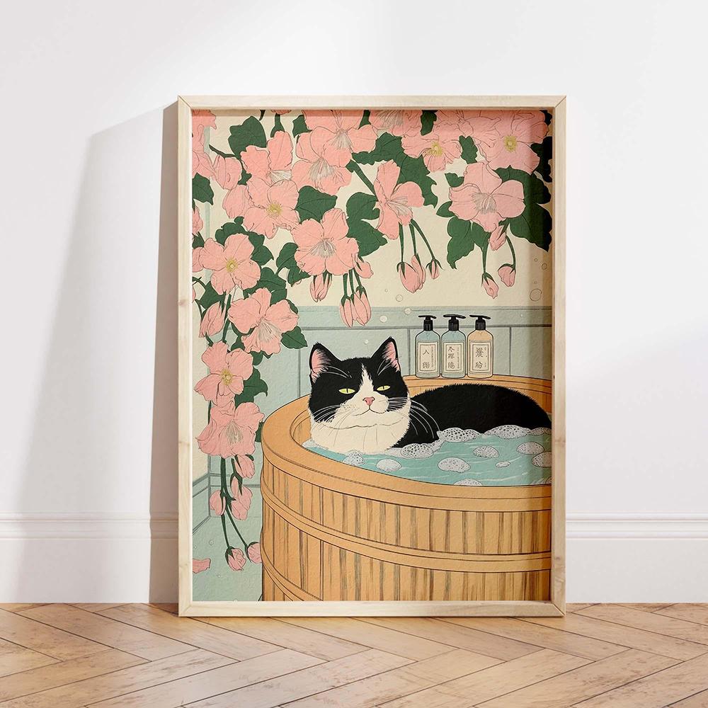 Tuxedo Cat Corgi Fox In a Bath Japanese Style Bathroom Print Vintage Poster Funny Aesthetic Japandi Wall Art Animal Lover Gift