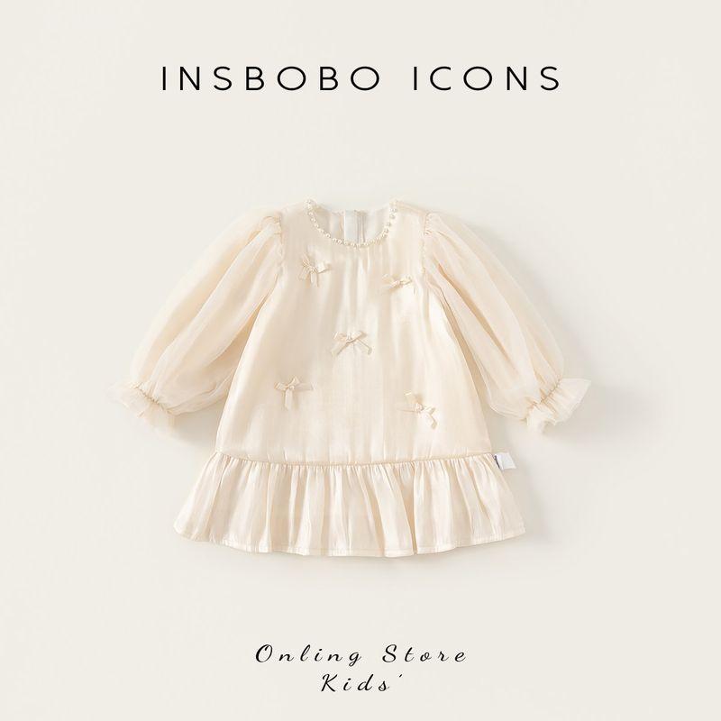Insbobo Girls  Dress 2026 Spring New Children s Clothing Girls  Long Dress Children s Princess Dress Baby Dress Beige 90