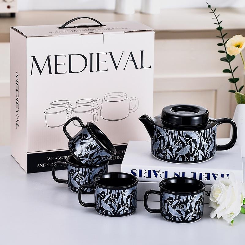 Retro Tea Set Silver Parrot Ink Black Teapot Gift Box Engagement Wedding Gift Housewarming New Home Cup Set