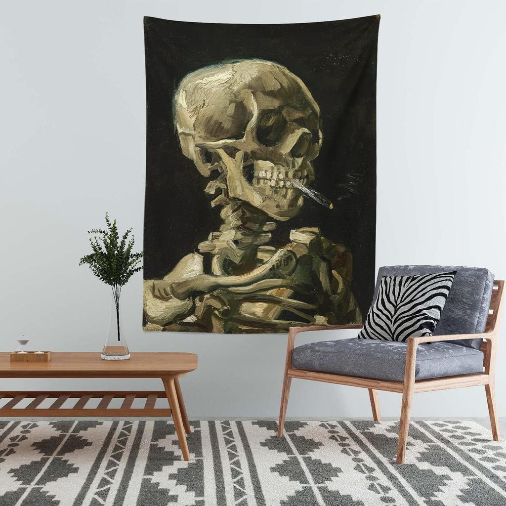 Van Gogh Schädel Wandteppich, Klassischer Ölgemälde Druck mit Skelett beim Rauchen, Wandbehang für Schlafzimmer Wohnzimmer Gothic Dekor