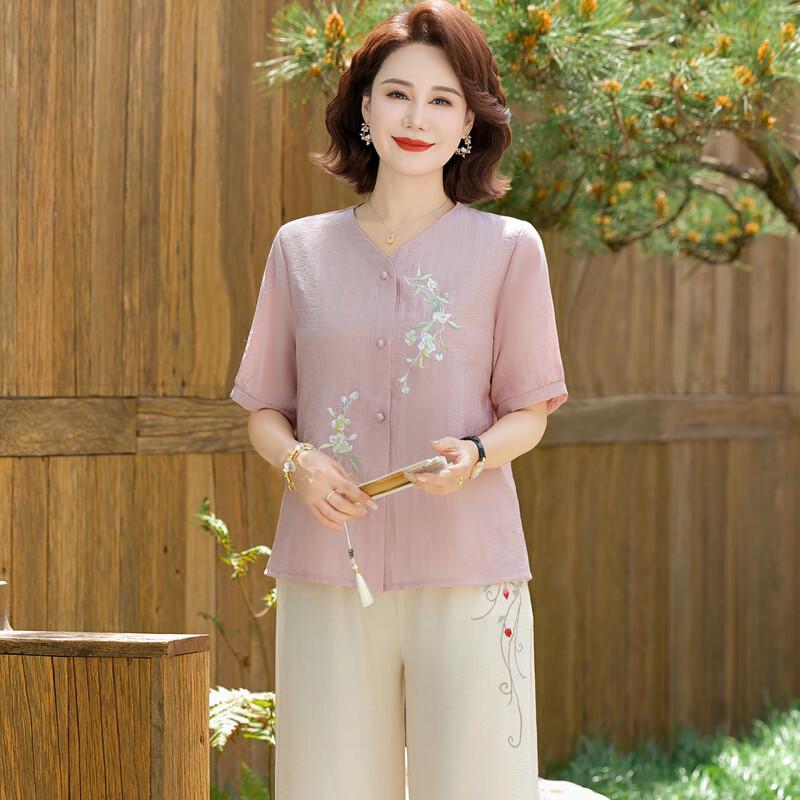 Middle-Aged Women's Summer Short Sleeve Linen Blend Set