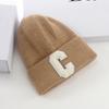New Wool Hat Women's Autumn and Winter Warm Letter C Pullover Hat Student Solid Color Knitted Hat