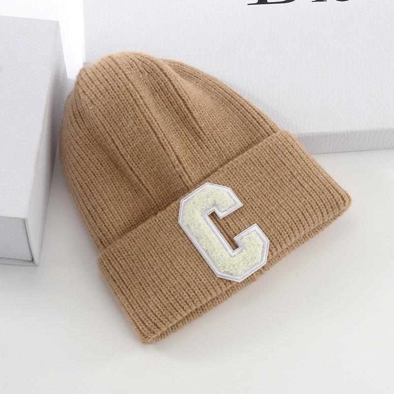 New Wool Hat Women's Autumn and Winter Warm Letter C Pullover Hat Student Solid Color Knitted Hat
